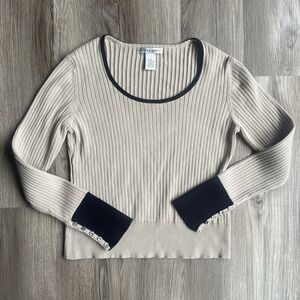Vintage Jillian Jones Beige Ribbed Lightweight Long Sleeve Button Cuff Top Sz L